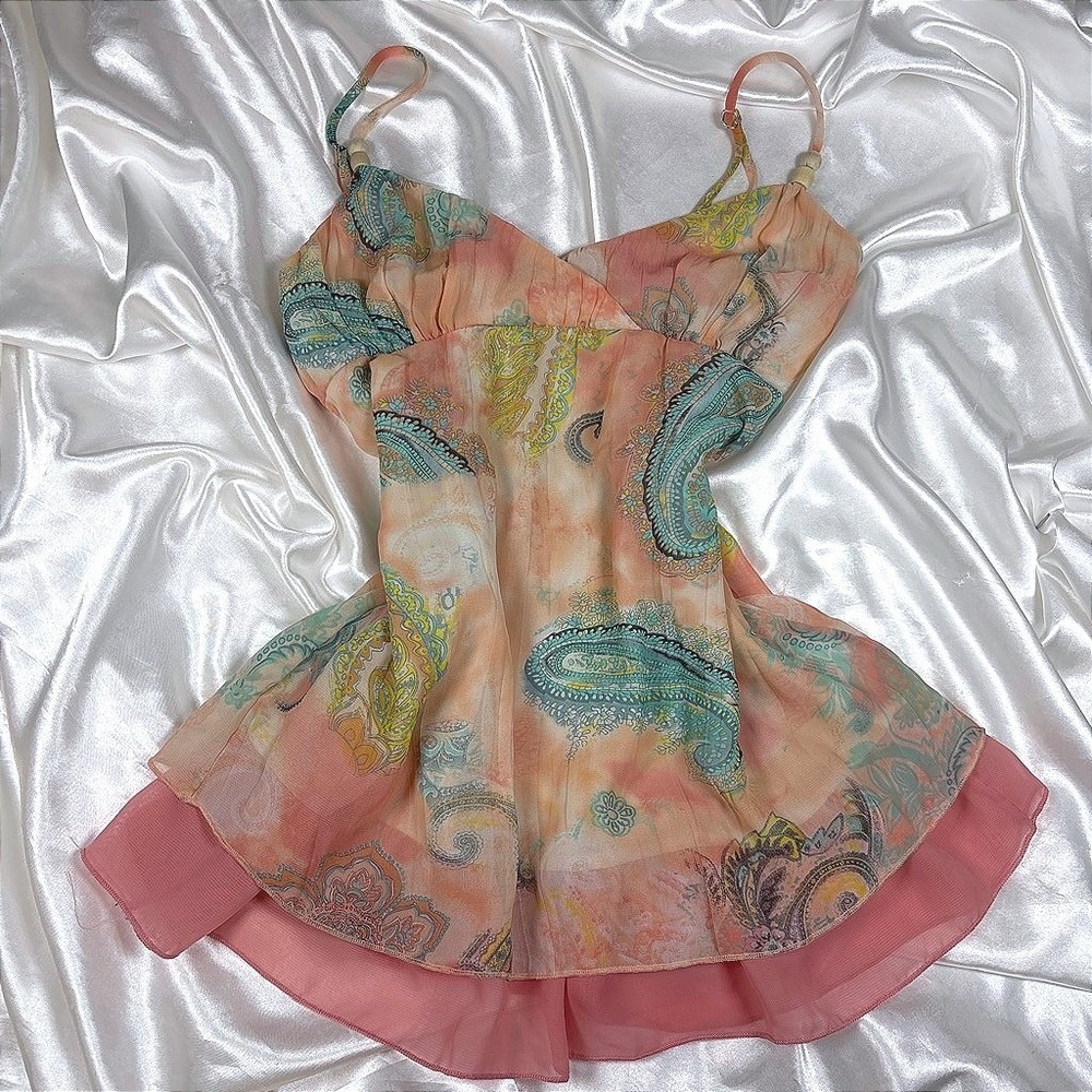 y2k Camisole Top Coral Excellent Jordache Paisley Beaded Empire Waist Chiffon